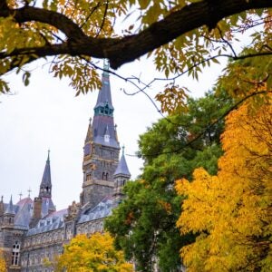 Healy Hall taken from a distance, framed by autumn leaves.